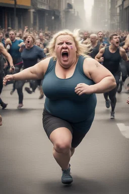 an obese terrified blonde woman crying and sobbing in a crossfit outfit desperately running away from an angry mob of thousands of people chasing her down a city street while she is flailing her arms for dear life