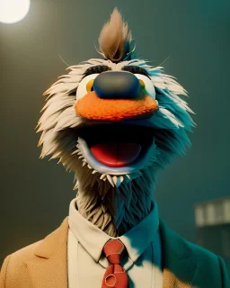 Realistic image, hybrid character, Sesame Street muppet, head, man, body, ,arms, hands, Shirt and tie, Wes Anderson style, concept art, smooth, unreal engine 5, god lights, ray tracing, RTX, lumen lighting, ultra detail, volumetric lighting, 3d, finely drawn, high definition, 4k.