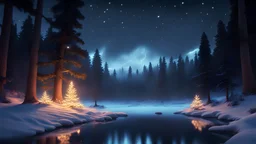 a snowy fir forest,midnight hour,fireflies,lakeside,8k, volumetric lighting, Dramatic scene, style disney