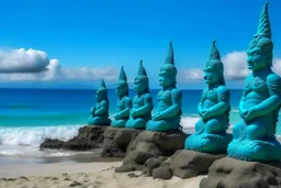 A teal blue beach with Hawaiian tiki statues painted by Katsushika Hokusai