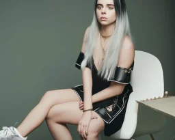 Billie Eilish, sitting on a chair, Black Short Dress, high detail, realistic, 8k