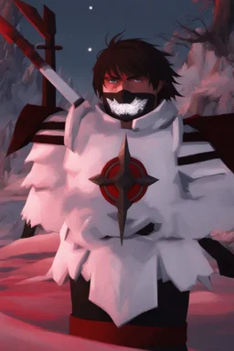 The character, in a striking white armour against a wintry backdrop stands with his hands behind his back inside the scene, he has a red and black circular symbol on his chest like a shield, a black pointed spear with a red handle on his back, His eyes are showing a dynamic expression and he wears a black oni mask with white teeth on it covering the bottom part of his mouth he has brown shoulder pads and a white belt with a bag attached to it. He has dark brown hair, he does not wear a helmet.