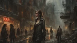 the town of fear, post-apocalypse, horror, hopelessness, darkness, dark colors, by Raymond Swanland & Alyssa Monks & Anna Razumovskaya