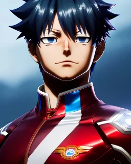 Detailed anime portrait of shoto from my hero academia, red and white hair split down the middle, blue suit, intricate details, full body portrait, keep head in frame, slight smile, black Japanese motif, concept art, highly detailed, digital painting, concept art, sharp focus, illustration, art by Yoji Shinkawa, WLOP and greg rutkowski and alphonse mucha and artgerm and yanjun Chen and Junji ito and Makoto Shinkai, HDR, octane render