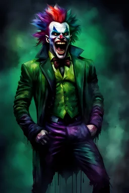 a multicolored, watercolor stained, wall in the background, inspired by all the works of art in the world - laughing - Billy Miller, an extremely muscular vampire werewolf zombie Joker with an emerald mohawk, full body image, wearing a skinsuit, Absolute Reality, Reality engine, Realistic stock photo 1080p, 32k UHD, Hyper realistic, photorealistic, well-shaped, perfect figure,