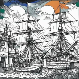 Create an exhilarating coloring page inspired by the Pirates of the Caribbean movie, featuring a majestic pirate ship sailing through rough seas. Challenge young artists to add their creative touch to billowing sails, the iconic Jolly Roger flag, and crashing waves. This black-and-white coloring adventure invites kids to embark on an exciting journey as they bring this thrilling pirate ship scene to life on paper.