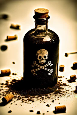 Bottle of poison with cork covered in dust and cobwebs