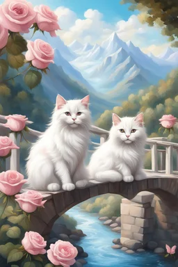 in the center: beautiful chunky fluffy white cats sitting on a bridge, under the brigde flows a small blue river; background: landscape with mountains and white clouds, butterflys flying in the sky; first plan: pink roses;