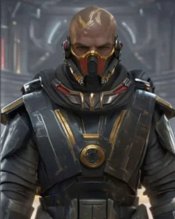 star wars bald male corellian pilot wearing pearlescent black and gunmetal grey First Order special forces heavy assault armor with gold and metallic red trim inside the jedi temple, centered portrait, hyperdetailed, dynamic lighting, hyperdetailed background, 8k resolution, volumetric lighting, light skin, fully symmetric details