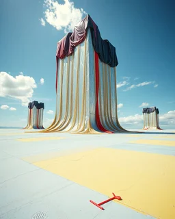 Fotografia di una superficie piatta di colore azzurro chiaro e giallo pastello, su cui si ergono alcuni gigantesche immense enormi strutture di forma indefinita, fatte di materiali vari, ricoperte da materiale plastico argentato, rosso, e nero, che scende a terra. Max Ernst, Amano, Yves Tanguy, Piet Mondrian, James Ensor, paranoic, obsessive, eccessivo, aria aperta, sole, nuvole, glossy, surreal, hasselblad h6d400c --ar 85:128 --v 6.