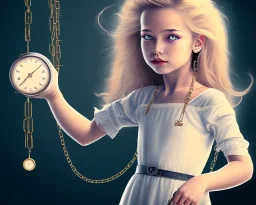 a girl pulling a clock holding with a chain, clock flying away from the girl, realistic, intricately detailed