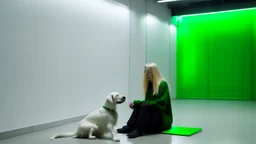 A woman with ash-blonde hair sits on the bright green floor of a concrete room, petting a long-haired white dog. The room has a minimalist aesthetic with light concrete walls and dark openings leading to other areas.