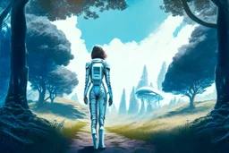 woman in a skin-tight silver spacesuit, facing away, standing under a spaceship, on a path, wooded landscape in the distance, blue sky