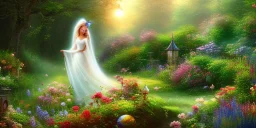 bright fairy, beautiful portrait, flowery landscape