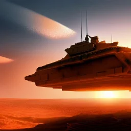 volumetric dramatic desert Battle scene with futuristic hovering military armored Hovercraft tank painted by chris foss, Laser turret, floating, 4k, 8k, Minutiae, highly detailed, rivets, hovering, stripes, sunset duststorm, nimbus clouds