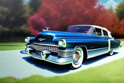 a true-to-life 1951 cadillac deville, classic wheels, pen and color marker, centered, intricate, extreme detailed, photorealism, center view, drive-in background, pivot on cadillac, painting by cheryl kelley