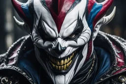 Shaco venom in 8k live action artstyle, white clown mask, close picture, intricate details, highly detailed, high details, detailed portrait, masterpiece,ultra detailed, ultra quality