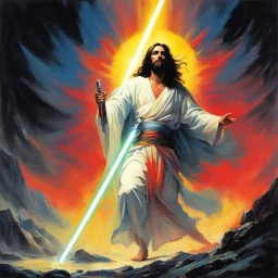 [art by Esteban Maroto] Jesus with a lightsaber opening the belly of the devil