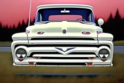 a true-to-life 1956 ford f-100, classic wheels, centered, intricate, extreme detailed, photorealism, center view, suburb background, pivot on ford, pen and color marker, painting by cheryl kelley