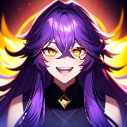 Clear focus, 8k, beautiful lighting, vibrant colors, girl, purple long hair, vibrant golden eyes, messy hair, hair in between the eyes, angry, laughing,