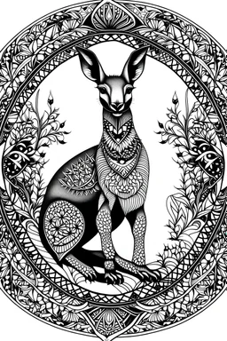 mandala big kangaroo : black and white with white background.