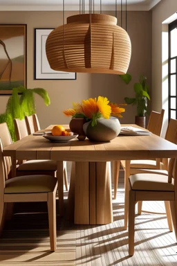 A dining table with chairs around it in a rustic style and warm color palette