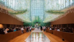 Bright chapel interior with hanging elements of organic character made of glass and wood, full of people. Reflective wooden floor, large glass surfaces rise towards the sky.