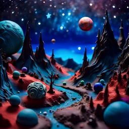 Detailed creepy landscape made of modeling clay, stars and planets, Roger Dean, Tim Burton, strong texture, Ernst Haekel, extreme detail, Max Ernst, decal, rich moody colors, sparkles, bokeh, odd