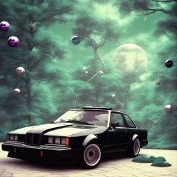 1980's aesthetic vaporwave wood trees with spheres and car clasic and sexy girl balck car low