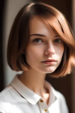 A girl with chestnut color hair and bob haircut, Brown eyes and white shirt