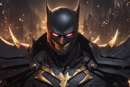 Golem with no eyes in 8k solo leveling shadow artstyle, The batman who laughs model, cover eyes, evil laugh smile, darkness them, close picture, apocalypse, intricate details, highly detailed, high details, detailed portrait, masterpiece,ultra detailed, ultra quality