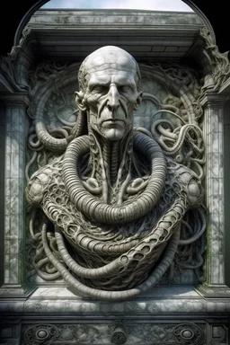 sculpture of handsome man and a snake , front view . decayed and rotting with grotesque proportions and imagery. abstract grotesqueries, detailed texture, surreal horror, biomechanical design, by hr giger and beksinski