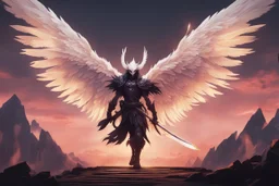 grendel in 8k solo leveling shadow artstyle, ra them, neon effect, big white wings, feathers, full body, apocalypse, intricate details, highly detailed, high details, detailed portrait, masterpiece,ultra detailed, ultra quality