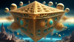 quantum Hypergeometry golden ratio fractal supradimensional floating city over Jupiter ocean life creature intelligent tesseract