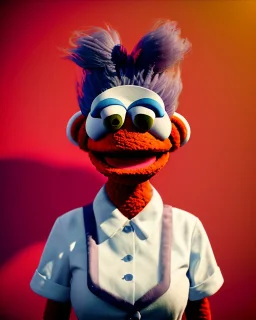 Portrait, hybrid character, waitress woman with monster muppet mask that covers her entire head, retro style, Sesame Street style, smooth, unreal engine 5, god lights, ray tracing, RTX, lumen lighting, ultra detail, volumetric lighting, 3d.