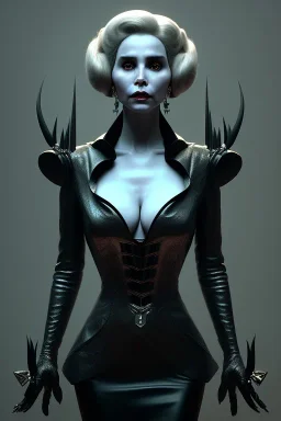 Constance Langdon as evil queen in black leather, leather, busty, cleavage, angry, stern look. character design by cory loftis, fenghua zhong, ryohei hase, ismail inceoglu and ruan jia. unreal engine 5, artistic lighting, highly detailed, photorealistic, fantasy