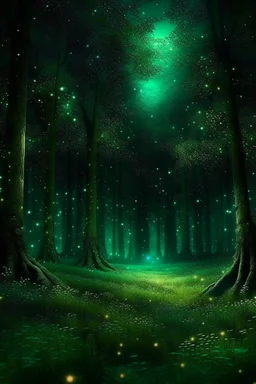 magical too much trees in big forest dark green fairy magic with stars glowing at night