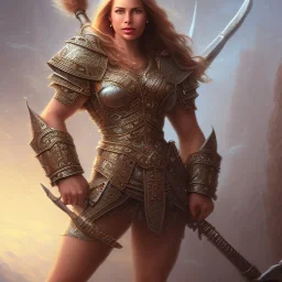 cinematic, majestic female barbarian, bodybuilder woman, bokeh, castle fortress, by thomas kinkade mark keathley terry redlin