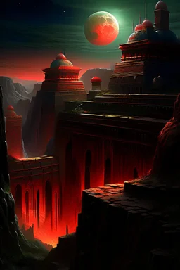Distant view of an ancient walled city sitting in a canyon as viewed from the rim of the canyon, the city is lighted by torches placed along the walls with windows high upon the wall, One window has a scarlet cord draped out reaching the ground, the sky is dark and surrealistic with planets and moons on the horizon, the rim of the canyon has armored soldiers laying in wait while 2 spies work their way down to the outside of the city wall where the scarlet cord hangs from the window above a cross