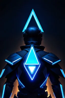 neon blue, floating triangle of light on the back, cyber armor, geometric patterns on armor, male, orbiting triangle