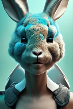 Portrait Sweet Rabbit ceramic mask, hardcore, cyan suit, photo studio, black background, unreal engine 5, concept art, ray tracing, lumen lighting, ultra detail, volumetric lighting, 3d.