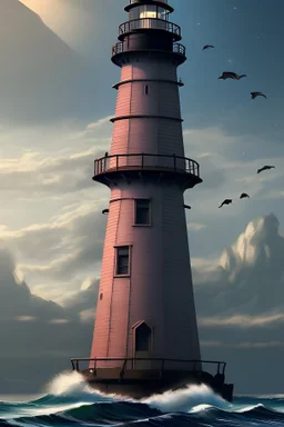 Realistic scenery of pirate ship with lighthouse in the background setvin night scenery tattoo style