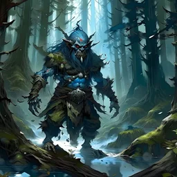 Fantasy illustration of a japanese Anime of a good norse necromancer troll living i the black forest in the north