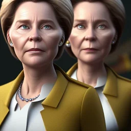 Ursula von der Leyen, Pixar Studio movie style, pixar's UP style, rounded face, wrinkles, circular reflective eyes, large cheekbones, huge forehead, huge hair, smooth lighting, cartoonish, portrait of a politician,