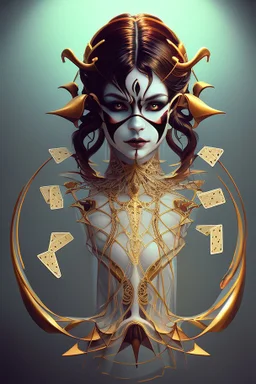 A harlequin character, playing cards with other people , sf, intricate artwork masterpiece, ominous, matte painting movie poster, golden ratio, trending on cgsociety, intricate, epic, trending on artstation, by artgerm, h. r. giger and beksinski, highly detailed, vibrant, production cinematic character render, ultra high quality model