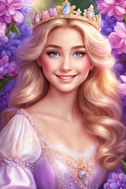 Adorable digital painting of a beautiful young girl fully dressed in gorgeous sparkling pearls, portrait of Rapunzel, sparkling crown, front view, beautiful smile, long shiny golden hair, blue eyes, beautiful face, rosy cheeks, lips Shiny pink, Rapunzel's face, digital art, surrounded by pink and purple hyacinth flowers, heavenly garden in the background, romantic style, dream world, high quality, 4k