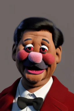 Waist up muppet Portrait, Xi Jinping as muppet doll, black suit and red tie, photo studio, blue background, unreal engine 5, concept art, art station, god lights, ray tracing, RTX, lumen lighting, ultra detail, volumetric lighting, 3d.