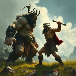 a barbarian fighting a giant with his bare fists