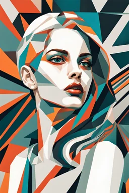 A close-up portrait in a geometric style with hard edges and sharply contrasting colors.
