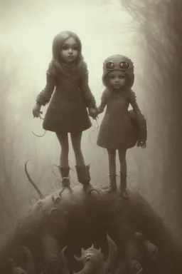 cute girl and litlle monster, Style John Kenn Mortensen,